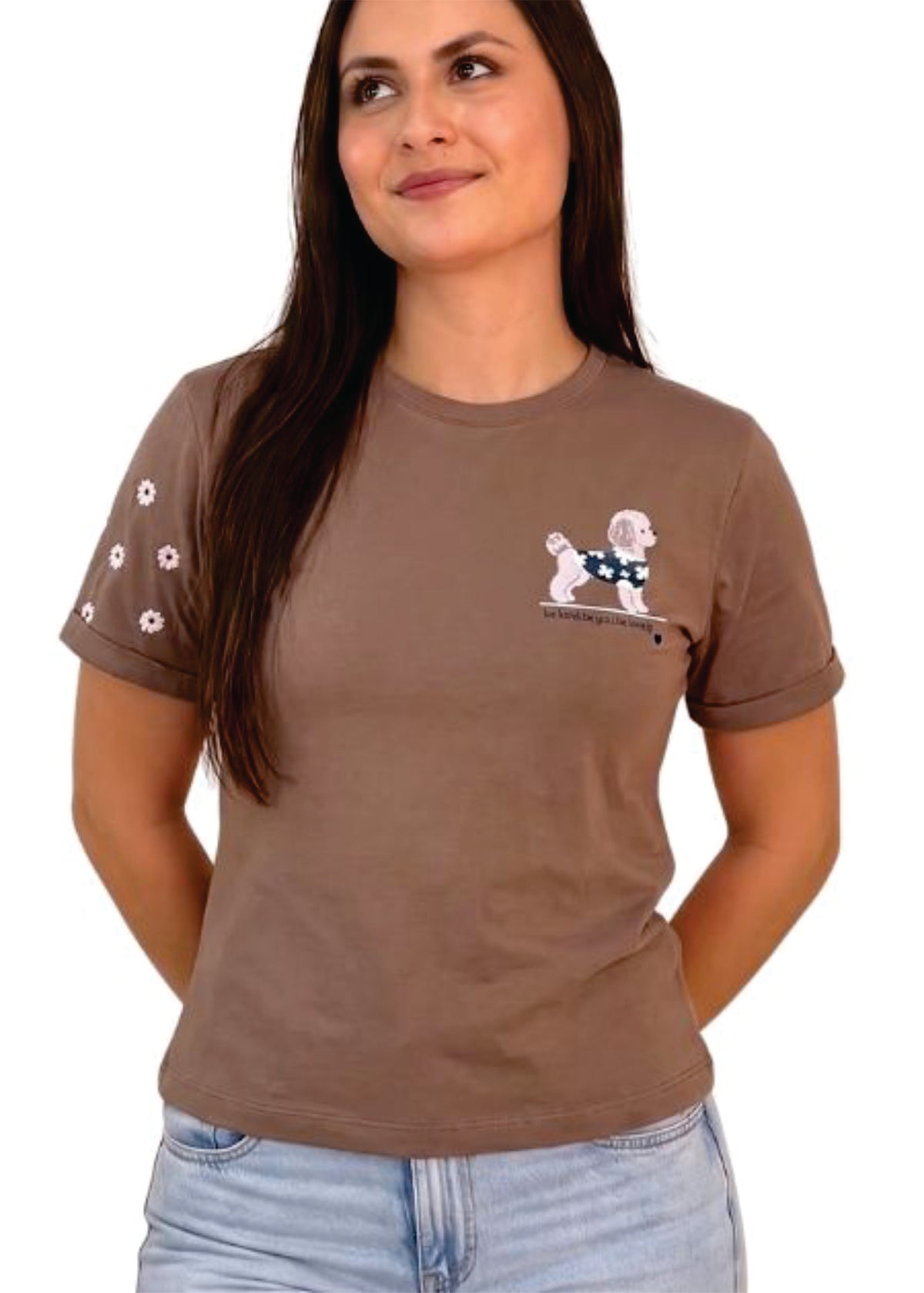 Camiseta Regular Dog Flores Bordadas MOCCA