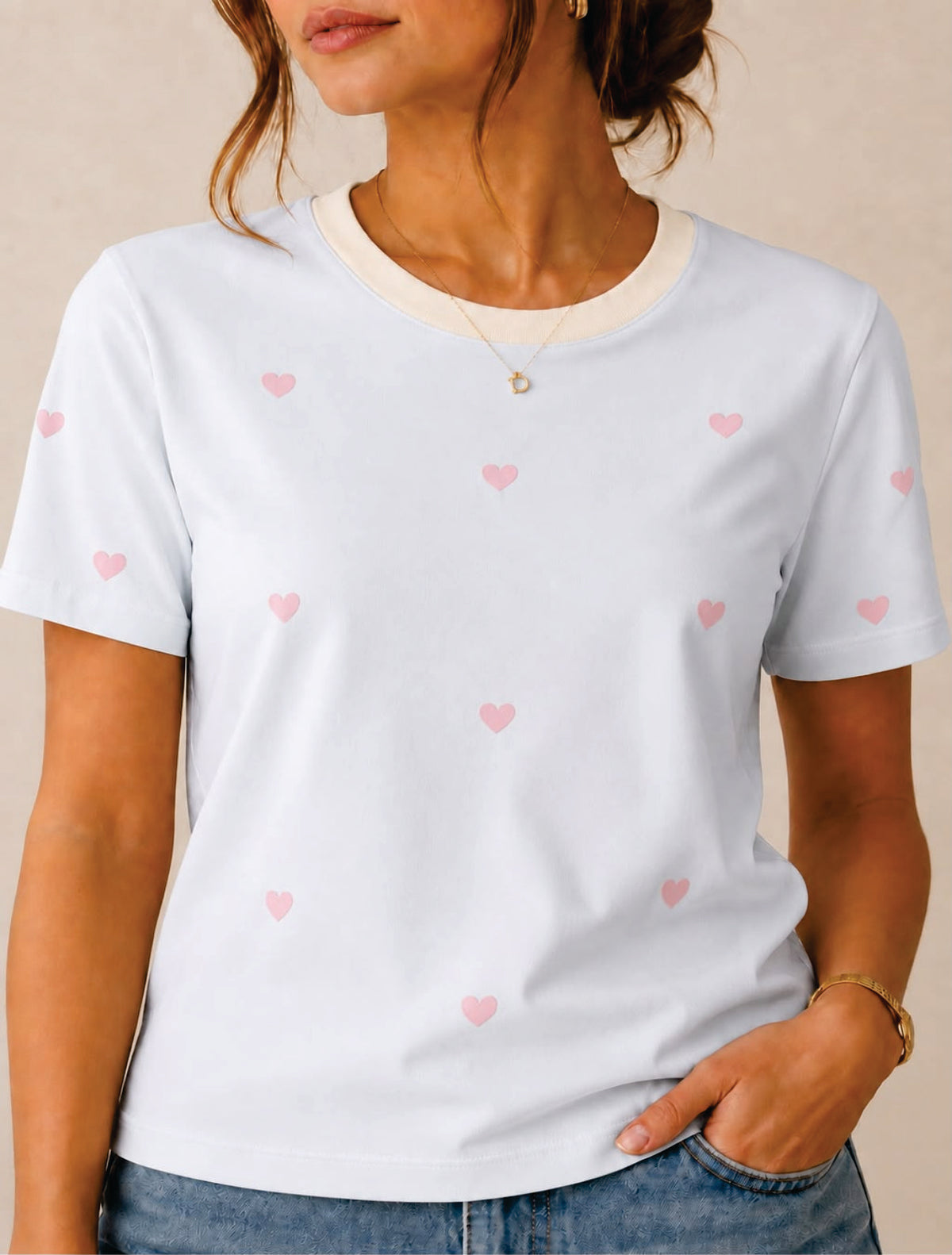 Camiseta Regular Print Corazones BCO AZULADO